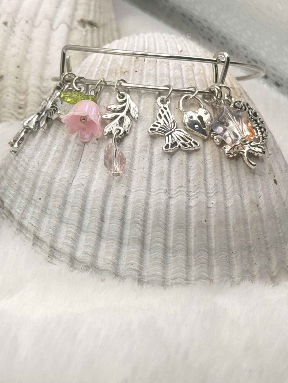 Silver Charm Bangle Bracelet with Pink Flower and Butterfly Charms
